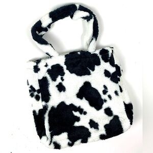 NEW Black/White Faux Fur Y2K Cow Print Tote Bag, SZ: Large